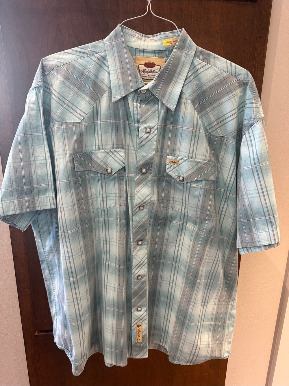 Larry Mahan Men’s Teal & White Plaid Short-Sleeve Western Shirt